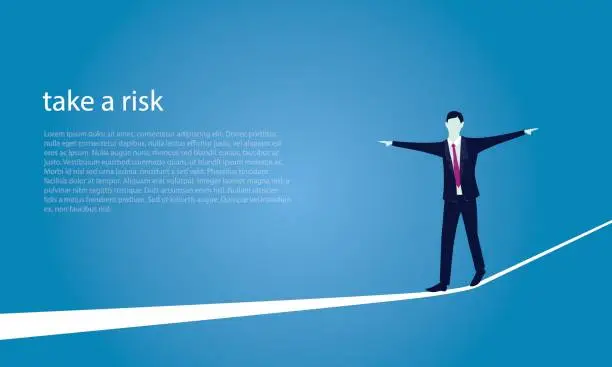 Vector illustration of Businessman Walking on Rope. Risk Challenge in Business Concept