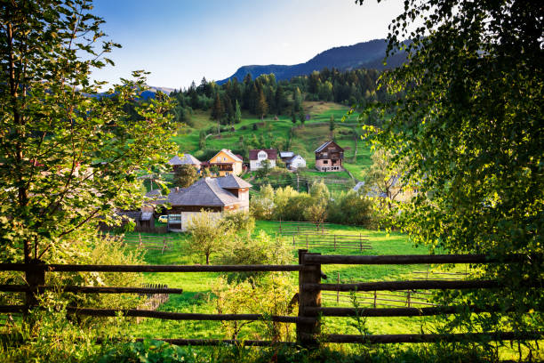 Agricultural landscape and village of Borsa in Maramures, Romania The beautiful agricultural landscape of rural Maramures in northern Romania. Through a clearing in the trees we can see some of the traditional houses of the village of Borsa. Horizontal color image with copy space. maramureș stock pictures, royalty-free photos & images