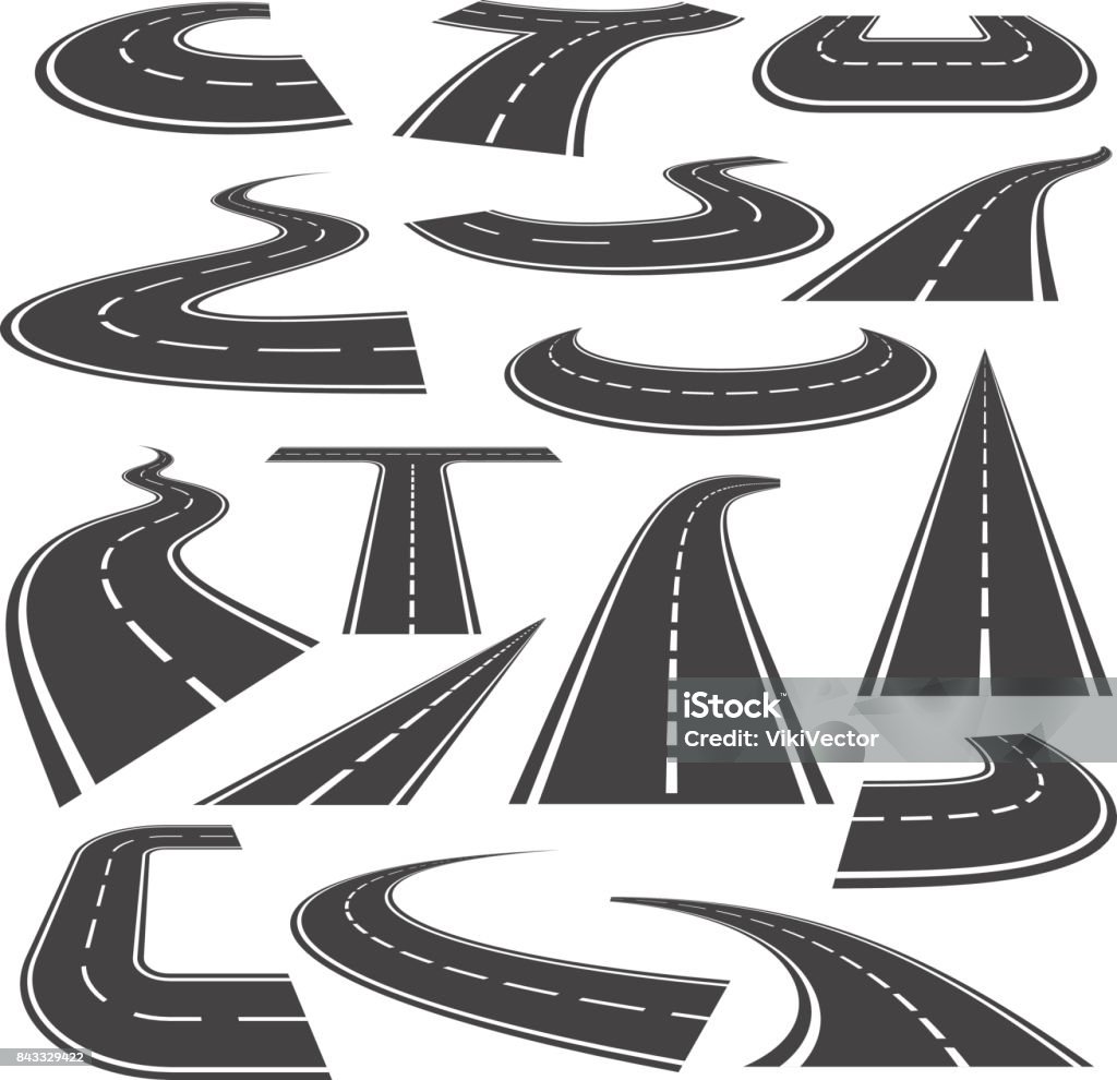 Curved roads icon flat style set Curved roads icon set. Winding branch of highway, change of direction, geometric roadway design for safe driving. Vector flat style cartoon illustration isolated on white background Road stock vector