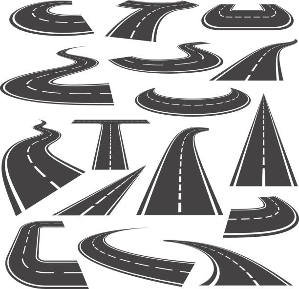 Curved roads icon flat style set Curved roads icon set. Winding branch of highway, change of direction, geometric roadway design for safe driving. Vector flat style cartoon illustration isolated on white background road marking stock illustrations