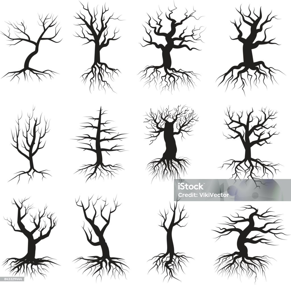 Dead tree flat style set Dead tree set. Balck silhouette, large dry branches and roots, old forest, spooky wild wood. Vector flat style illustration isolated on white background Tree stock vector