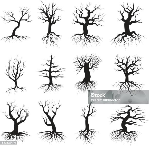 Dead Tree Flat Style Set Stock Illustration - Download Image Now - Tree, Root, Spooky