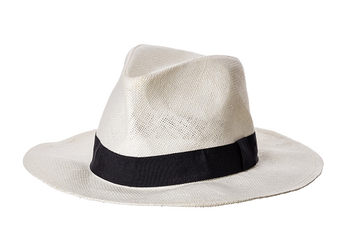 Man hat with black ribbon isolated on white background. Close up
