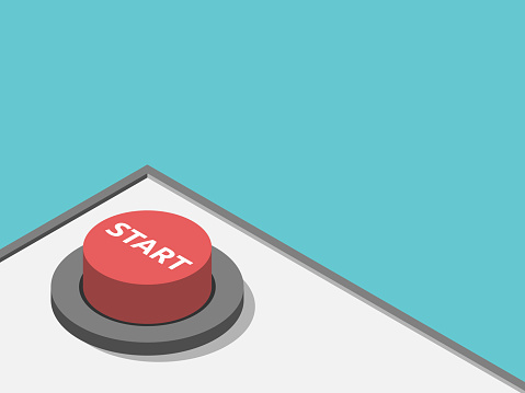 Isometric red start button on control panel on turquoise blue background. Beginning, startup and decision concept. Flat design. EPS 8 compatible vector illustration, no transparency, no gradients