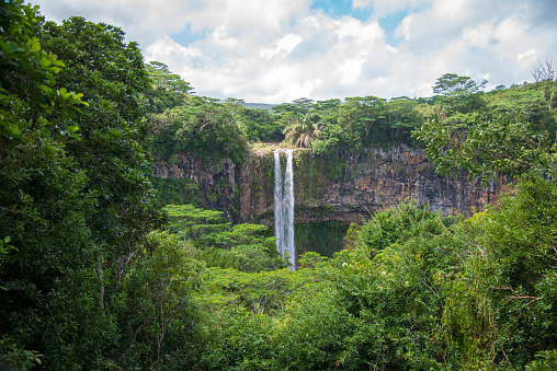Mauritius Island Charamel Waterfall in between green rainforest. Charamel Waterfall, Island of Mauritius, Republic of Mauritius, Mascarene Islands, Africa