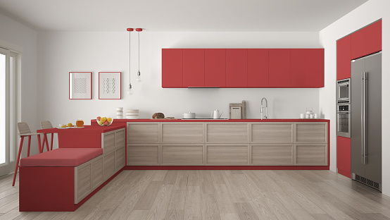 Classic modern kitchen with wooden details and parquet floor, minimalist white and red interior design