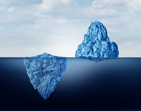 Concept of perspective as a business metaphor for comprehension and vision of discovery and reality as a big and small iceberg symbol as a 3D illustration.