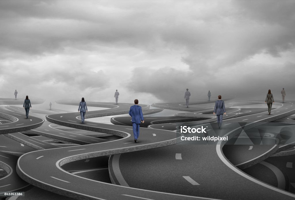 Business People Road Business people road as businesspeople walking on confused pathways as a corporate symbol for a career path and strategic direction with 3D illustration elements. Footpath Stock Photo