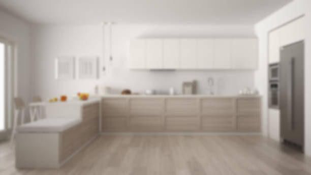 istock Blur background interior design, classic kitchen with wooden details and parquet floor 843358946