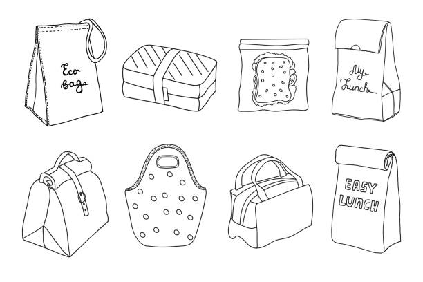 Various lunch boxes and lunch bags set. Eco bag, sandwich box, easy lunch. Hand drawn artistic sketch illustration. easy black and white drawing stock illustrations