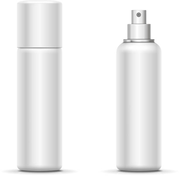 istock Blank metal bottle with sprayer cap. Cosmetic deodorant template or freshener. Vector 843371434