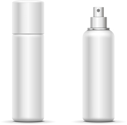 Blank metal bottle with sprayer cap. Cosmetic deodorant template or freshener. Vector