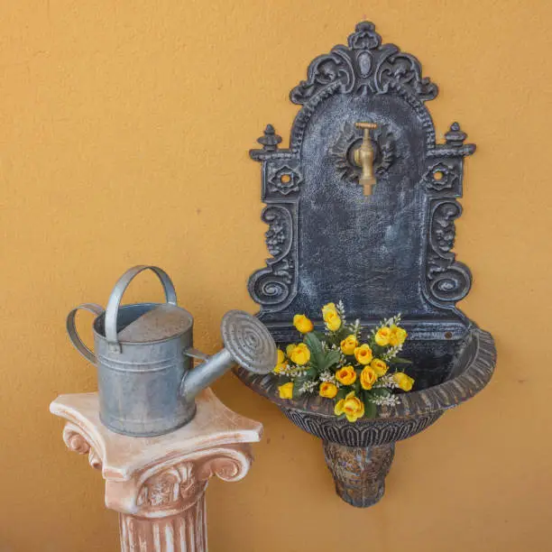 cast iron wall fountain flanked by a greek  ionic column above with a watering can to water the roses