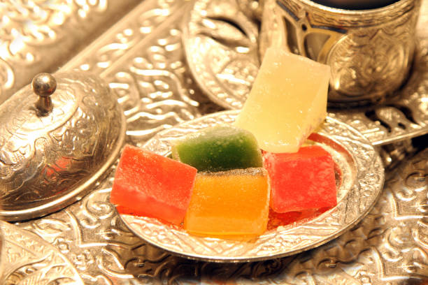 istock Traditional Turkish coffee with silver metal cup and Turkish delight 843380180