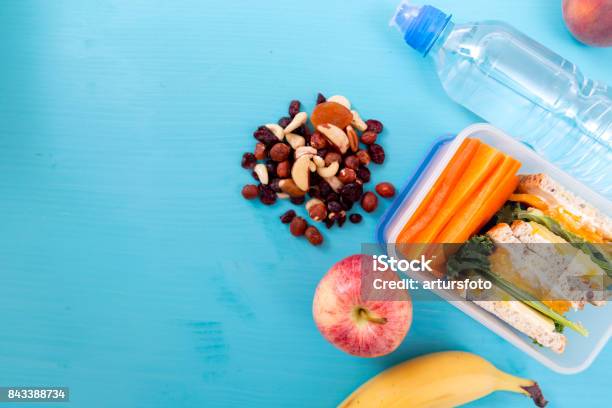 Schule Lunchpaket Mit Sandwich Gemüse Wasser Nüssen Und Früchten Auf Türkis Hintergrund Gesunde Ernährung Gewohnheitenkonzept Stockfoto und mehr Bilder von Gesunder Lebensstil