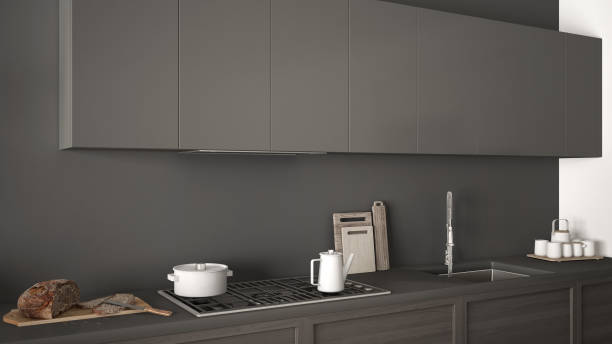 istock Modern kitchen with wooden details close up, gray minimalist classic interior design 843388744