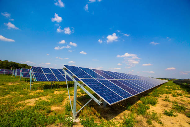 istock Solar panel on sky background. Photovoltaic power supply systems. Solar power plant. The source of ecological renewable energy. Solar farm. 843390250
