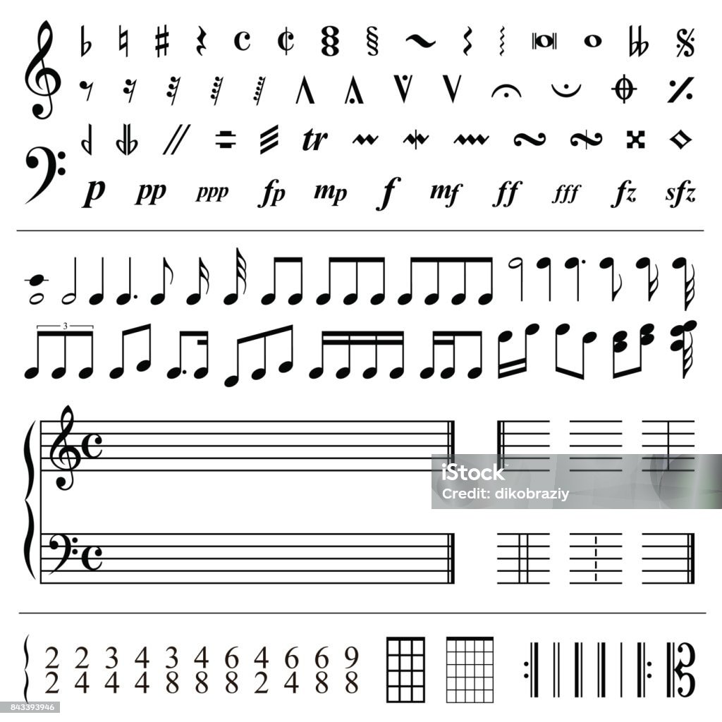 Notas musicais e símbolos - ilustração vetorial - Vetor de Pauta Musical royalty-free