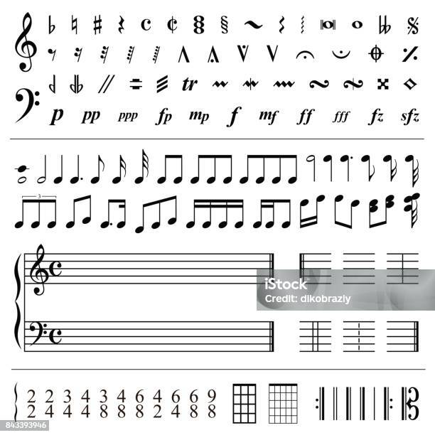 Vetores de Notas Musicais E Símbolos Ilustração Vetorial e mais imagens de Pauta Musical - Pauta Musical, Música, Chave