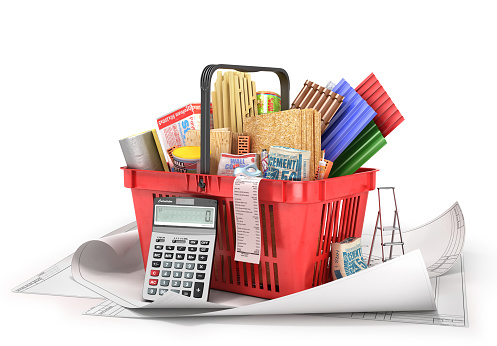 Shopping basket full of construction materials on a white background. 3d illustration