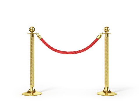 Barrier rope isolated on white. Gold fence. Luxury, VIP concept. Equipment for events. 3d illustration