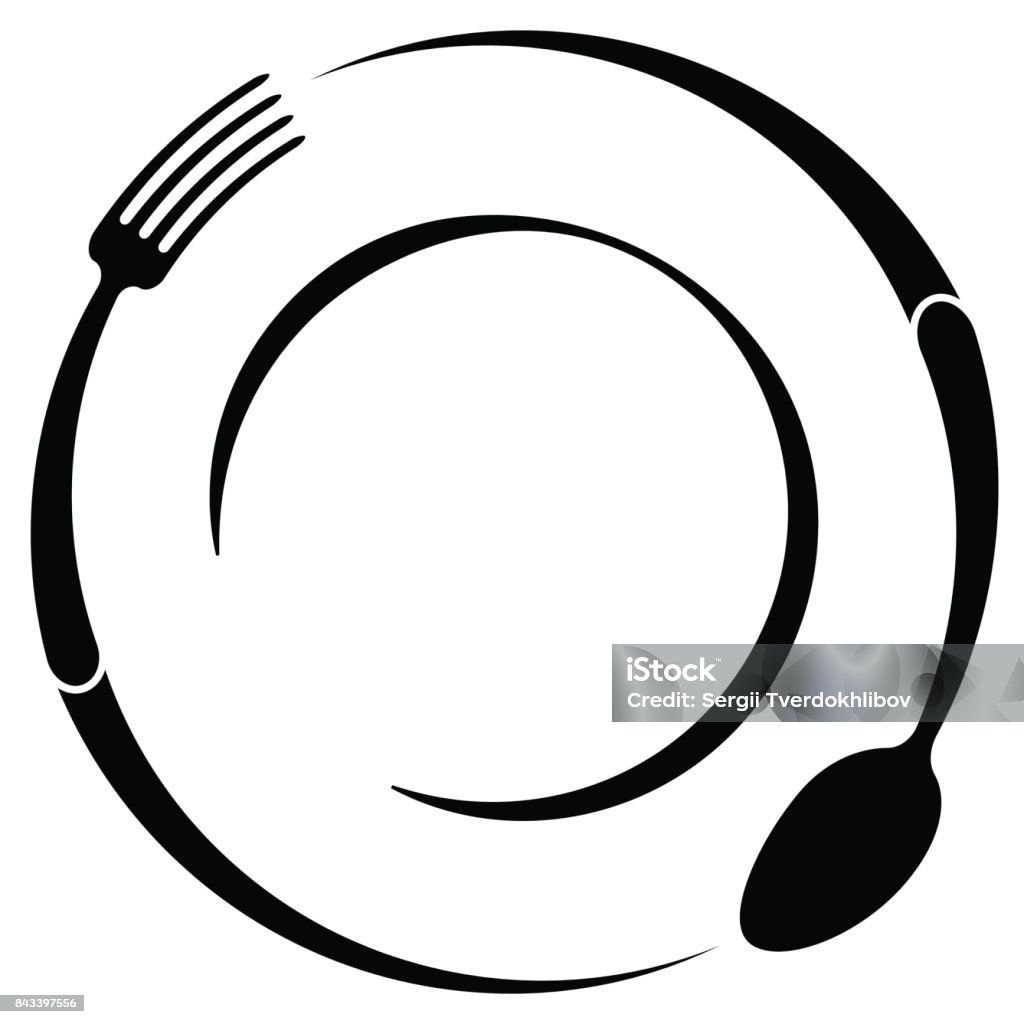 Símbolo abstrato de um café ou restaurante. Uma colher e um garfo num prato. Uma simples estrutura de tópicos. - Vetor de Logotipo royalty-free
