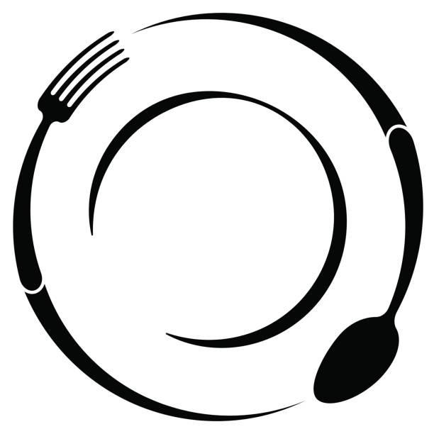ilustrações de stock, clip art, desenhos animados e ícones de abstract symbol of a cafe or restaurant. a spoon and fork on a plate. a simple outline. - flatware silverware in a row eating utensil