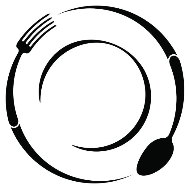 Abstract symbol of a cafe or restaurant. A spoon and fork on a plate. A simple outline. Abstract symbol of a cafe or restaurant. A spoon and fork on a plate. A simple outline plate and fork stock illustrations