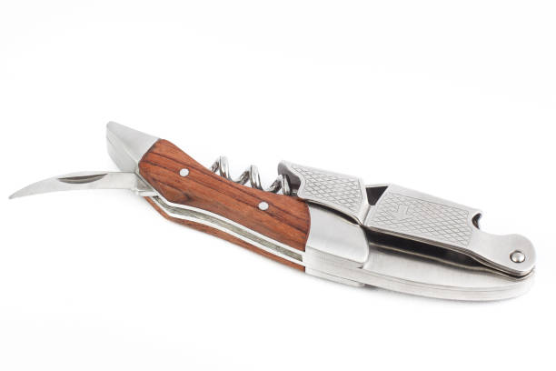 白い背景の木製陸軍ナイフ マルチツール - penknife swiss culture work tool switzerland ストックフォトと画像