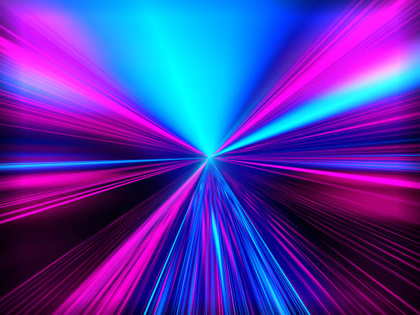 laser beams. speed motion on the neon glowing road at dark. - blue streak lights imagens e fotografias de stock