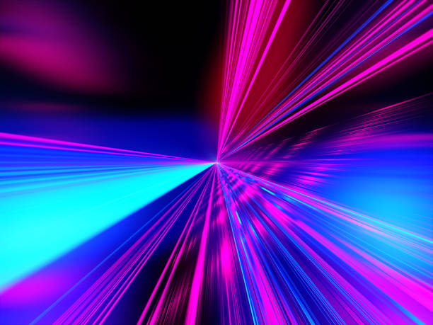 laser beams. speed motion on the neon glowing road at dark. - blue streak lights imagens e fotografias de stock