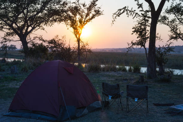 istock Camping tent, chairs and camping gear. Sunrise over Okavango River, Namibia Botswana border. Adventure traveling and outdoor activities in Africa. Toned image, vintage style. 843401586