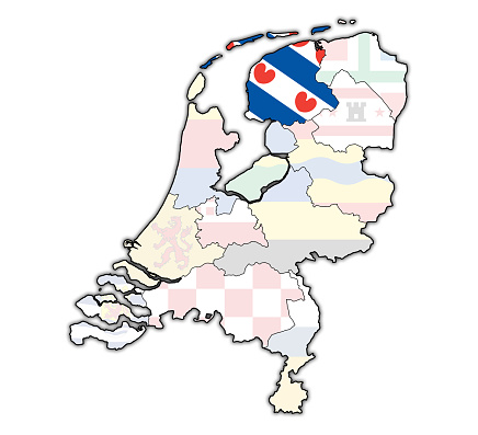 friesland flag on map with borders of provinces in netherlands