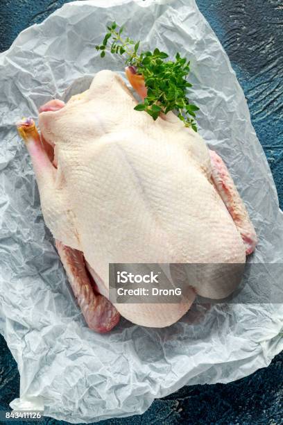 Free Range Duck Ready To Cook With Pepper And Thyme On Baking Paper Stock Photo - Download Image Now