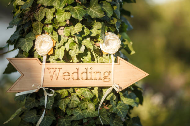 istock Wedding decor. Wooden plaque with the inscription 843411512