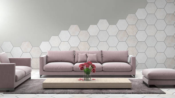 istock Modern pastel colored sofa in front of a tiled blank wall - copy space template 843413990