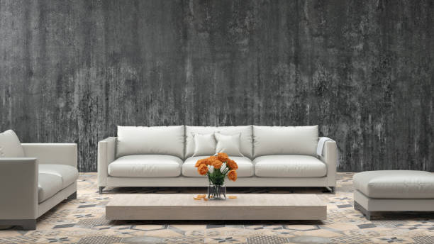 istock Modern white pastel colored sofa in front of a rustic blank wall - copy space template 843413998
