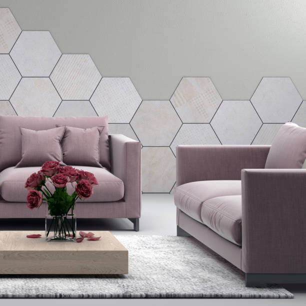 istock Modern pastel pink colored sofa in front of a tiled blank wall - copy space template 843414004