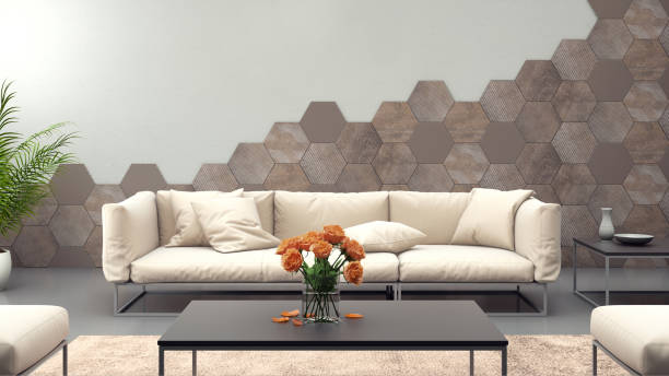 istock Modern pastel colored sofa in front of a tiled blank wall - copy space template 843414010