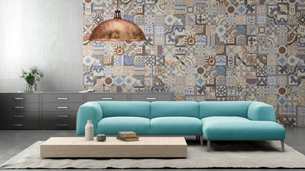 istock Modern pastel colored sofa in front of a blank wall - copy space template 843414018