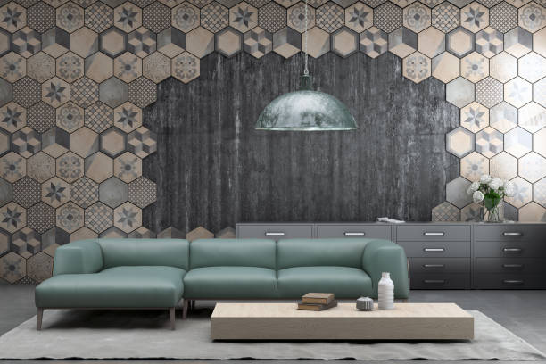 istock Modern pastel colored sofa in front of a tiled blank wall - copy space template 843414028