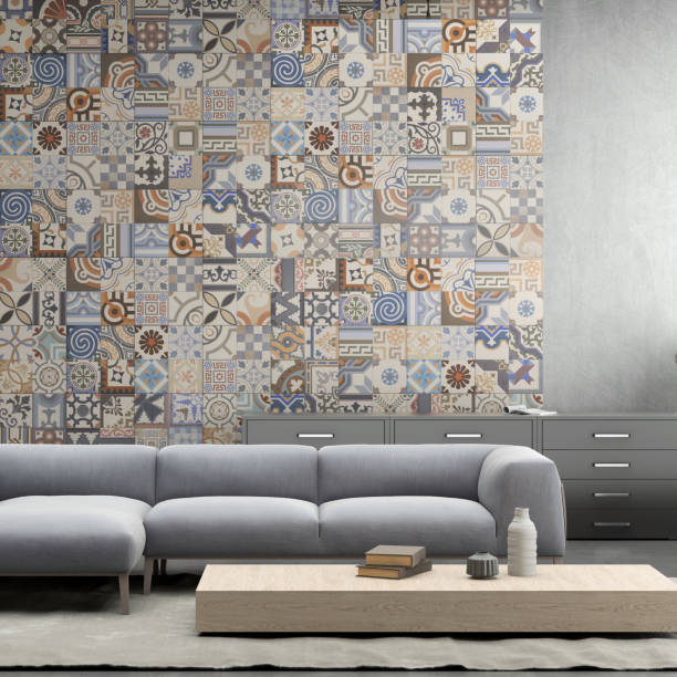 istock Modern pastel colored sofa in front of a tiled blank wall - copy space template 843414034