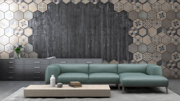 istock Modern pastel colored sofa in front of a tiled blank wall - copy space template 843414046