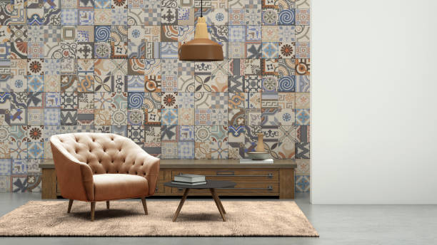 istock Apartment modern interior with armchair and tiled wall 843414068