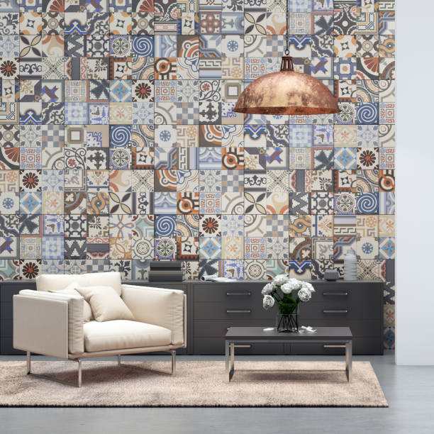 istock Apartment modern interior with armchair and tiled wall 843414072