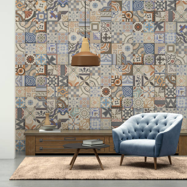istock Apartment modern interior with armchair and tiled wall 843414076