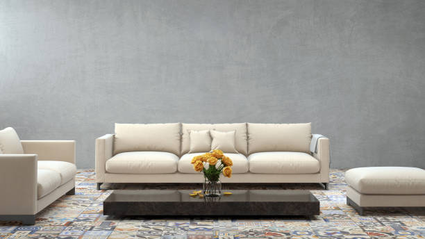 istock Modern white sofa in front of blank gray wall - interior copy space template 843414090