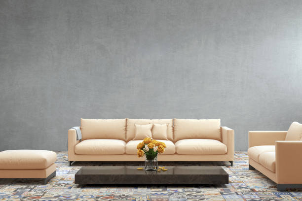 istock Modern orange pastel sofa in front of blank gray wall - interior copy space template 843414116