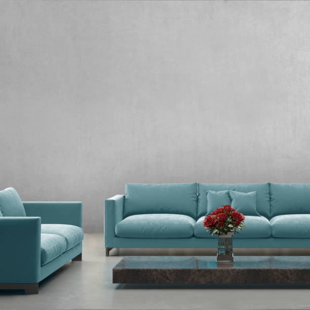 istock Modern blue pastel sofa in front of blank gray wall - interior copy space template 843414122