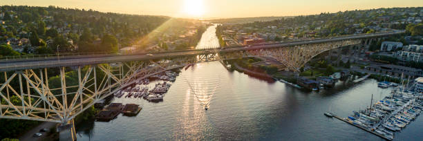 istock Aurora Bridge Sunset Panorama Aerial View in Seattle, Washington 843421006